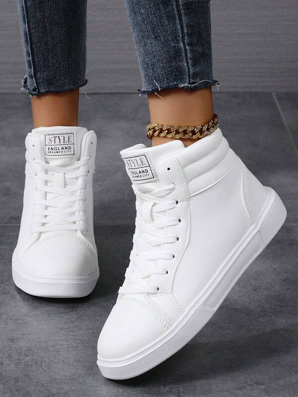 Women's 2024 Autumn/Winter Casual Sports Outdoor High-Top Sneakers With Letter Print And Drawstring Decoration, Lightweight Outdoor High-Top Small White Shoes, Couple/Student Shoes