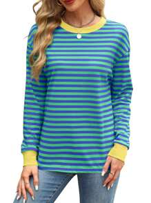 Women's Loose Long Sleeve Striped Round Neck Top - Màu xanh lam - Xem 1