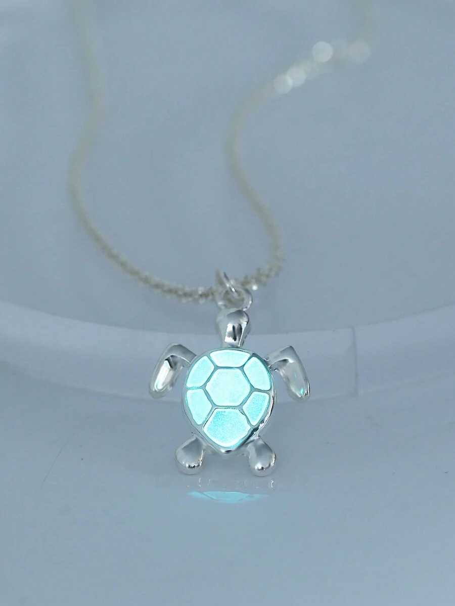 1 件镀银铜闪亮链项链配发光油滴乌龟吊坠，女士珠宝 - 銀色 - 查看 1