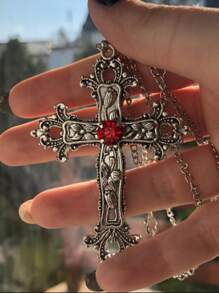 9pcs Y2K Punk Faux Crystal Big Cross Necklaces, Gothic Asymmetrical Cross Choker Necklaces For Men & Women, Aesthetic Jewelry - Multicolor - View 3