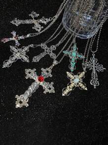9pcs Y2K Punk Faux Crystal Big Cross Necklaces, Gothic Asymmetrical Cross Choker Necklaces For Men & Women, Aesthetic Jewelry - Multicolor - View 2