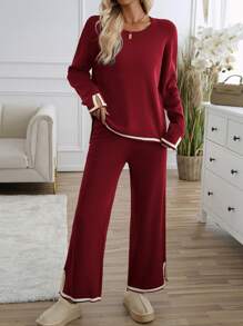 GAOVOT Women's Sweater Two Pieces Simple Loose Casual Color Contrast Round Neck Long Sleeve Sweater And Loose Wide Leg Straight Pant Suit - Burgundy - View 6