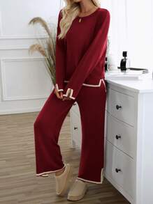 GAOVOT Women's Sweater Two Pieces Simple Loose Casual Color Contrast Round Neck Long Sleeve Sweater And Loose Wide Leg Straight Pant Suit - Burgundy - View 5