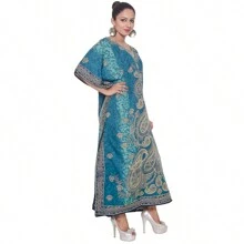 Gypsie Blu Fall Cloths For Women Plus Size Kaftans Dress V Neck Long Caftan Dress - 1X To 3X - 藍色 - 查看 4