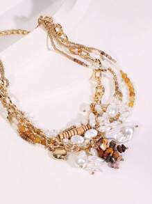 1pc Baroque Pearl & Natural Coconut Shell Beads Multi Layer Necklace, Suitable For Women Daily Wear