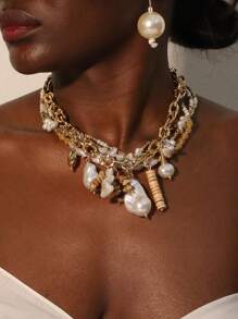 1pc Baroque Pearl & Natural Coconut Shell Beads Multi Layer Necklace, Suitable For Women Daily Wear