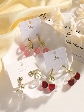 1 Pair New Cute Red Cherry Design Earrings, Versatile For Party, Christmas, Unisex Colorful Fruit Dangle Earrings, Lovely Cherry Earrings