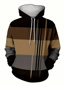 大码男士圣诞元素图案连帽衫，带袋鼠口袋运动衫，舒适宽松时尚男士连帽衫，秋冬 - 彩色 - 查看 3