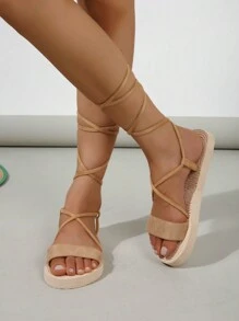 女士平底凉鞋，拼色交叉带绒面革拖鞋，海滩和度假的极简主义时尚，米色和黄色 - 棕色 - 查看 1