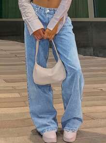 Chicsale Solid Color Casual Fashion Inelastic Jeans, Sexy Straight Pants-Diagonal Pocket Jeans, Women's Wear - Blue - View 4