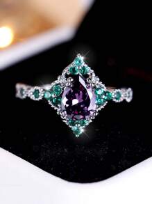1 Stück Ring & Schick Wassertropfen Form, Künstlich Zirkonia Eingelegt , Geeignet für Festival Geschenk - Violett - Übersicht 5