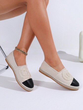 Women's Canvas Slip-On Loafers, Black And White Patchwork, Casual Fisherman Shoes, Thick Sole, Fringed, Breathable, Lightweight, Versatile Low-Heel Casual Shoes