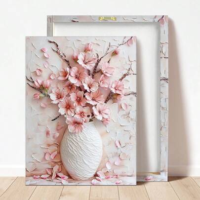 1 Piece Framed Wall Canvas Charming Pink Floral Vase Canvas Art - Textured Background With Green Leaves With Light Beige Wall - High Quality Art Print, Home Decor, Gift Ideas, Living Room Decor Perfect Choice - Canvas Material (Framed),Wall Art,Poster