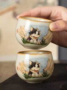 1pc/2pcs Cat Pattern Ceramic Tea Cup, Cute Ru Kiln Ceramic Tea Cup, Minimalist Mug, Gongfu Tea Cup, Premium & Exquisite Tea Drinking Cup Back To School - Multicolor - View 13