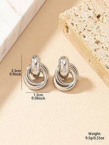 1pair Fashionable Minimalist Ins Style High-End Metal Ring Stud Earrings, Suitable For Women Daily Commute & Party Wear - Silver - View 4