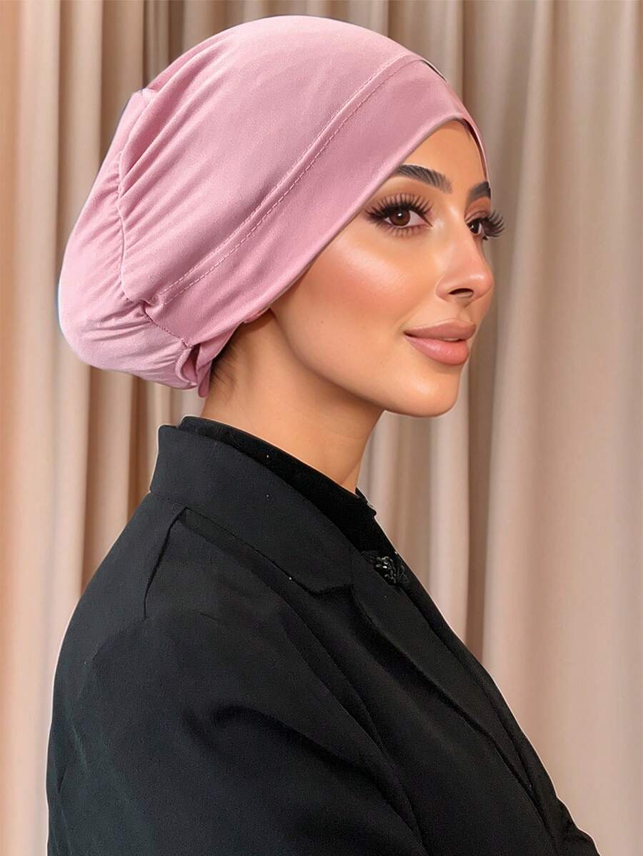 1 pieza Gorro de hiyab de unicolor y parte trasera cerrada para mujeres, accesorios de hiyab para mujeres - Rosa - Ver 1
