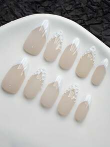 10pcs Handmade Short Almond-Shaped False Nails, White French Fake Nails, Pearl Design Shiny Press-On Nails, DIY Nail Art Supplies, Full Cover Nail Tips For Women, Girls, Party, Holiday, Reusable For Daily Office Wear - White - View 2