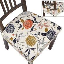 1pc Dining Room Printed Elastic Detachable Washable Chair Seat Cushion Cover, Without Back, Suitable For Kitchen, Office - Beige - View 7