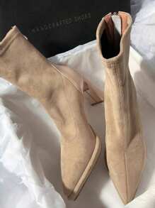 Giày bốt cao gót đế xuồng chống thấm nước màu trơn, giày bốt cổ ngắn mũi nhọn đế dày lót giữ nhiệt có khóa kéo sau - Màu be - Xem 2