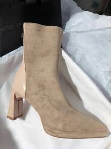 Giày bốt cao gót đế xuồng chống thấm nước màu trơn, giày bốt cổ ngắn mũi nhọn đế dày lót giữ nhiệt có khóa kéo sau - Màu be - Xem 4