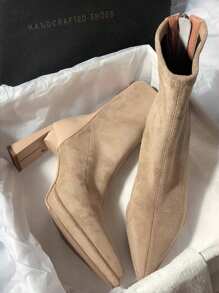 Giày bốt cao gót đế xuồng chống thấm nước màu trơn, giày bốt cổ ngắn mũi nhọn đế dày lót giữ nhiệt có khóa kéo sau - Màu be - Xem 1