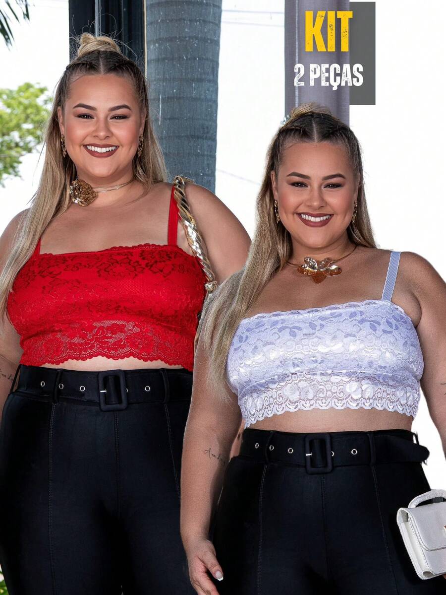 Kit 2 Plus Size Top Lace Bandeau Thin Strap Comfortable Plus Size Blouse - Đỏ và trắng - Xem 1