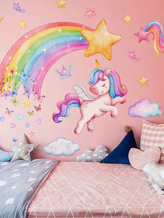 3pcs Creative Wall Stickers, Rainbow Unicorn Butterfly Pattern Self-Adhesive Wall Stickers, Bedroom Entrance Living Room Porch Home Decoration Wall Stickers, Removable Stickers, Wall Decoration Decals,Stickers,Wall Decal, Vinyl Decal For Home Decorations,Spring Decoration Items Refresh Your Home,Rama Decoration Stickers Gifts Birthday Graduation
