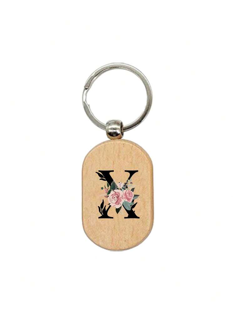 1个A-Z花卉图案木质钥匙扣，字母木质吊坠，创意小礼物，可刻字，可用作包包挂饰、木质标签、钥匙扣、戒指，空白木板可供刻字，DIY配件 - 杏色 - 查看 28