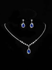 1set Fashionable Luxury Rhinestone Water Drop Necklace And Earrings Jewelry Set