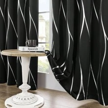 4 PCS Blackout Curtains With Perforated Top Window Treatment, Perfect For Ultra Wide Windows, Triple Weave Design, With Wave Print, Used For Bedrooms - 黑色 - 查看 4