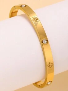 Vòng tay lắc tay bằng thép không gỉ thời trang cổ điển đính đá Zirconia, thiết kế hoa bề mặt mịn, phù hợp để đeo hàng ngày cho phụ nữ - Vàng - Xem 10