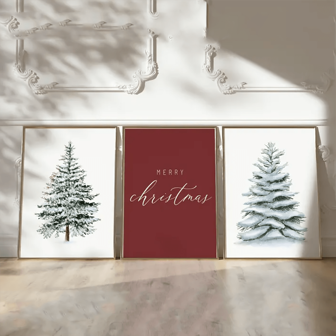Set Of 3 Red Christmas Festival Holiday Sign And Snowy Pine Tree Art Canvas Poster Print,Farmhouse Christmas Aesthetic Wall Art,Perfect For Minimalist Home,Living Room,Bedroom,Bathroom,Kitchen,Entryway,Preppy Apartment Or College Dorm Wall Decor,No Frame