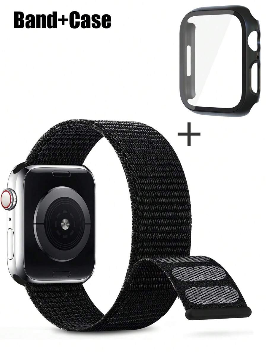 Compatible With Apple Watch Band Case Men'S And Women'S Fashion Sports Soft Breathable Magic Self-Adhesive Nylon Strap + Frosted Texture Anti-Drop And Scratch Pc And Tempered Glass Protective Film Integrated Watch Case Compatible With Apple Watch 40/41/42/44/45/46/49mm Replacement Band Case Compatible With Apple Watch Series Ultra/11/10/9/8/7/6/5/4/Se Band Case Washable Band Touch Sensitive Case - Black - View 1
