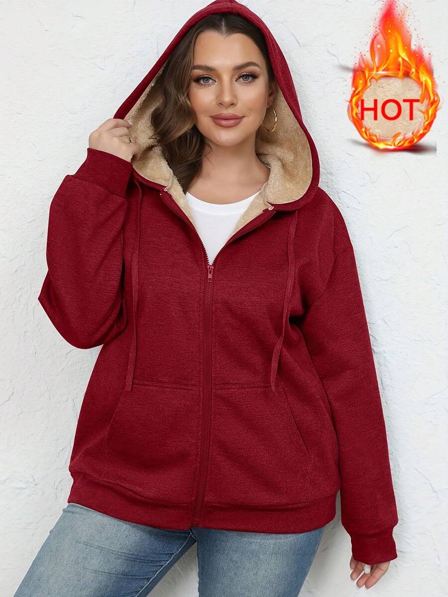 Women Plus Fleece Thick Hooded Sports Jacket, Warm For Winter - Burgundy - View 1
