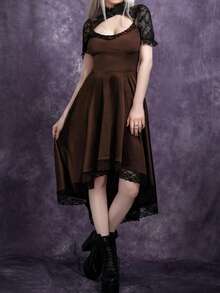 Gothic Contrast Lace Cut Out High Low Hem Dress - Black - View 3