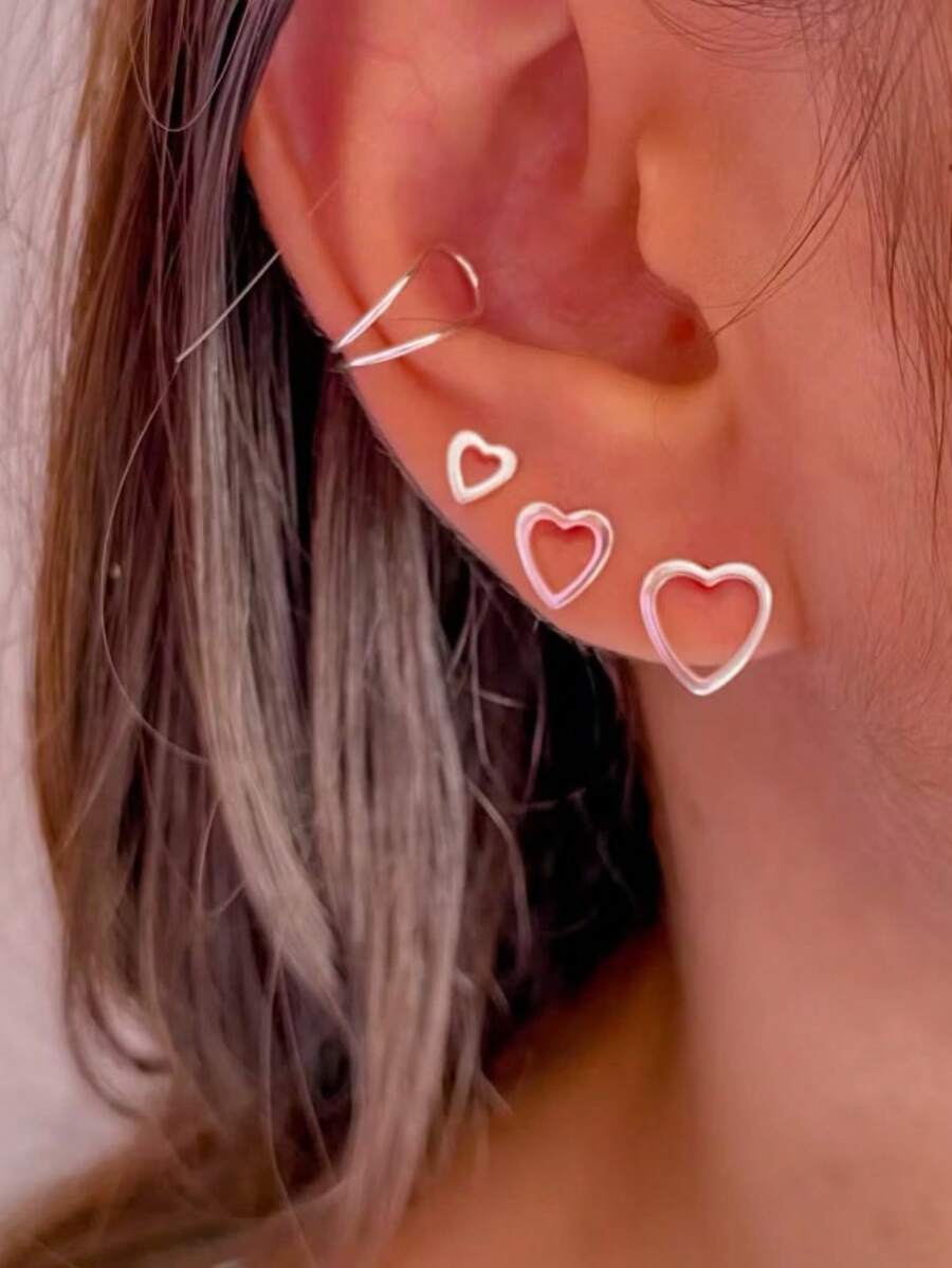 Three Hollow Hearts Earring In Genuine 925 Silver - 銀色 - 查看 1