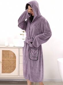 1pc Women's Letter Embroidered Plush Hooded Bathrobe Summer Wedding Home Bathroom Decor Beach Wear Back To School - Dark Purple Applique Bathrobe - View 6
