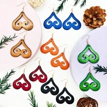 1 Cặp hoa tai thả hình trái tim bằng gỗ chạm khắc theo phong cách Bohemian cổ điển dành cho nữ, thích hợp cho kỳ nghỉ, quà tặng, tiệc tùng, lễ kỷ niệm ngày lễ, mùa thu/đông - Màu Đỏ Sâu - Xem 3