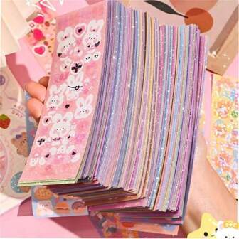 200/600pcs 12*4cm Cute Cartoon Stickers, Adhesive Decals, DIY Party Stickers, Fun Style, Adorable Cartoon Theme Stickers, Suitable For Girls, Gifts, Holidays, Party Decoration