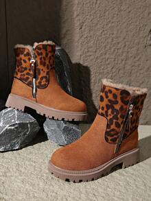 女式厚保暖内衬保暖雪地靴，短款 - 豹紋棕色 - 查看 7
