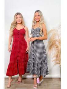 Long Crepe Dress With Padded Cups And Buttons H-1 - Red and Black - View 1