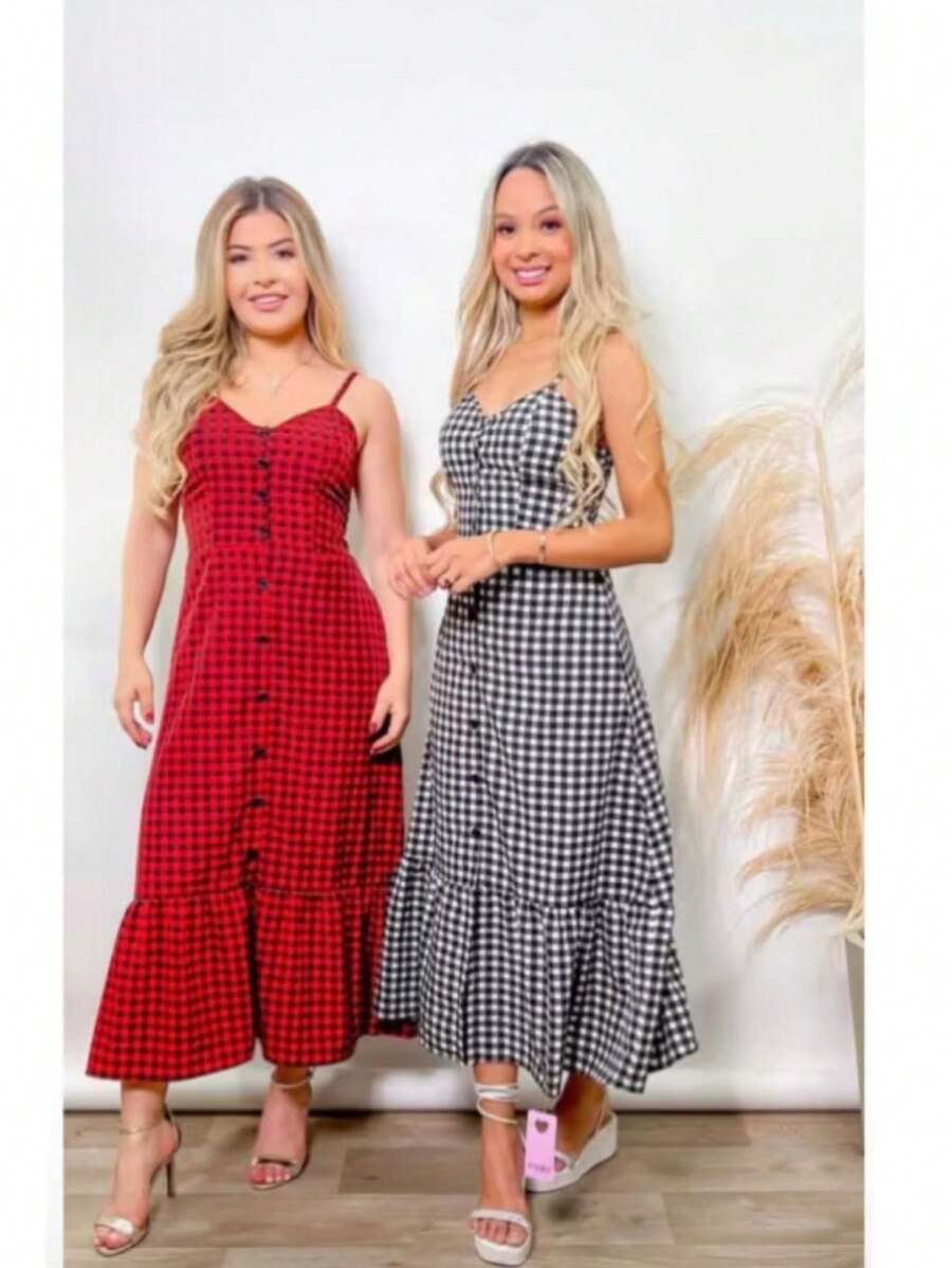 Long Crepe Dress With Padded Cups And Buttons H-1 - Red and Black - View 1