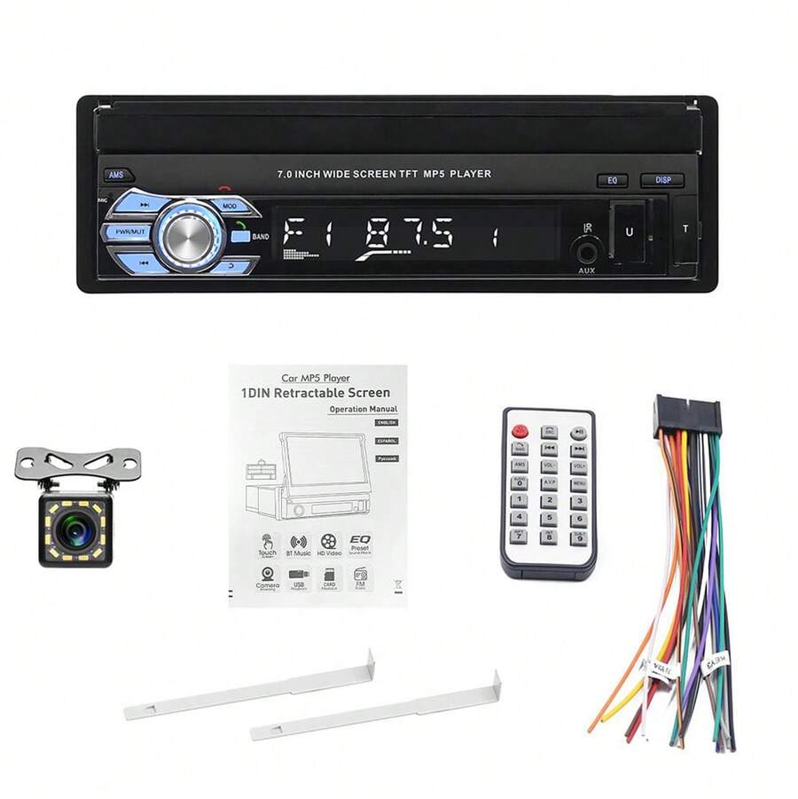 Autoradio stéréo Bluetooth simple Din, écran tactile rétractable de 7