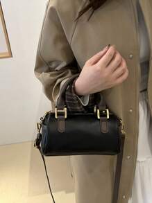 高级手提包女士时尚新款百搭圆筒手提拉链单肩斜挎包，PU 皮革波士顿包 - 黑色 - 查看 6