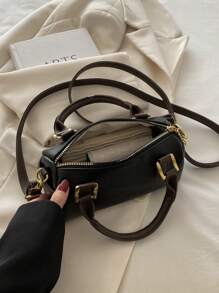 高级手提包女士时尚新款百搭圆筒手提拉链单肩斜挎包，PU 皮革波士顿包 - 黑色 - 查看 8