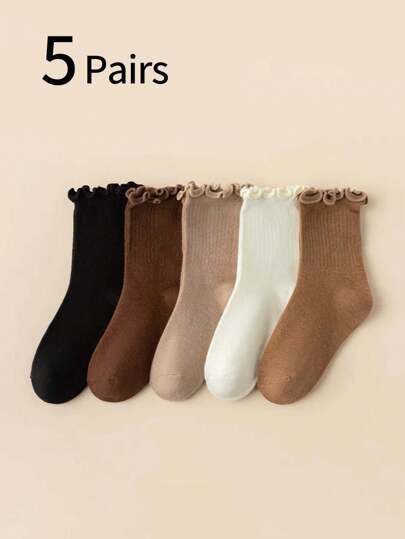 5 Pairs Girls Solid Color Ruffle Trim Crew Socks, Korean Style Middle Tube Socks, Cute Princess Socks