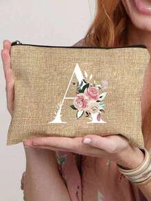 字母 A-Z 花卉印花化妆包，女孩礼物，可爱复古简约时尚字母图案印花包收纳包，小物品收纳化妆品袋，收纳袋，化妆品收纳袋，洗漱包，手拿包，轻便可折叠收纳袋，简易购物袋，教师礼物手拿包，护士、医生、教师收纳包，适合个人旅行化妆品收纳化妆包化妆品收纳盒化妆品收纳盒化妆包化妆包 - 卡其色 - 查看 3