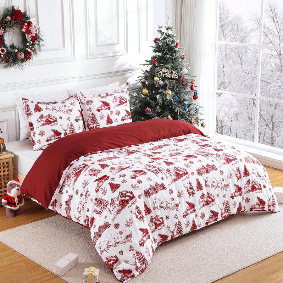 Christmas Duvet Cover Queen/King 3 Pack, Soft Brushed Microfiber Comforter Cover Sets, Reindeer Printed Holiday Theme Bedroom Decorative Bedding (Duvet + 2 Pillow Shams, 90"X90" 104"X90")