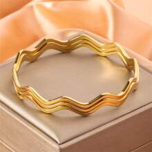 3 piezas Brazaletes apilables con baño de acero inoxidable, diseño de onda de moda para hombres y mujeres, adecuados para uso diario y fiestas - Juego de 3 pulseras de ondas. - View 11