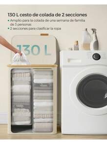 SONGMICS Cesto de Ropa Sucia con Tapa, Gran Cesta Colada de 2 Secciones, 130 L, Forro de Malla Extraíble, Tejido Oxford, Asas Bambú, Plegable, 52 x 38,5 x 70,5 cm, Blanco Crema - lechoso - Ver 3